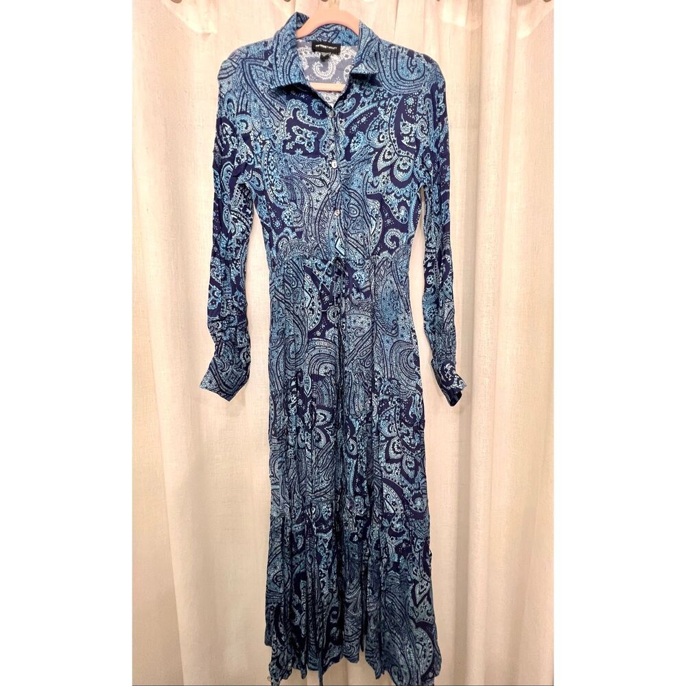 NWT Fifteen Twenty Women's Paisley Long Sleeve Blouse’y Tiered Maxi Dress Blue S